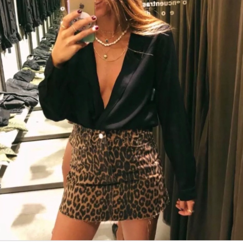 Zara Leopard Denim Mini Skirt